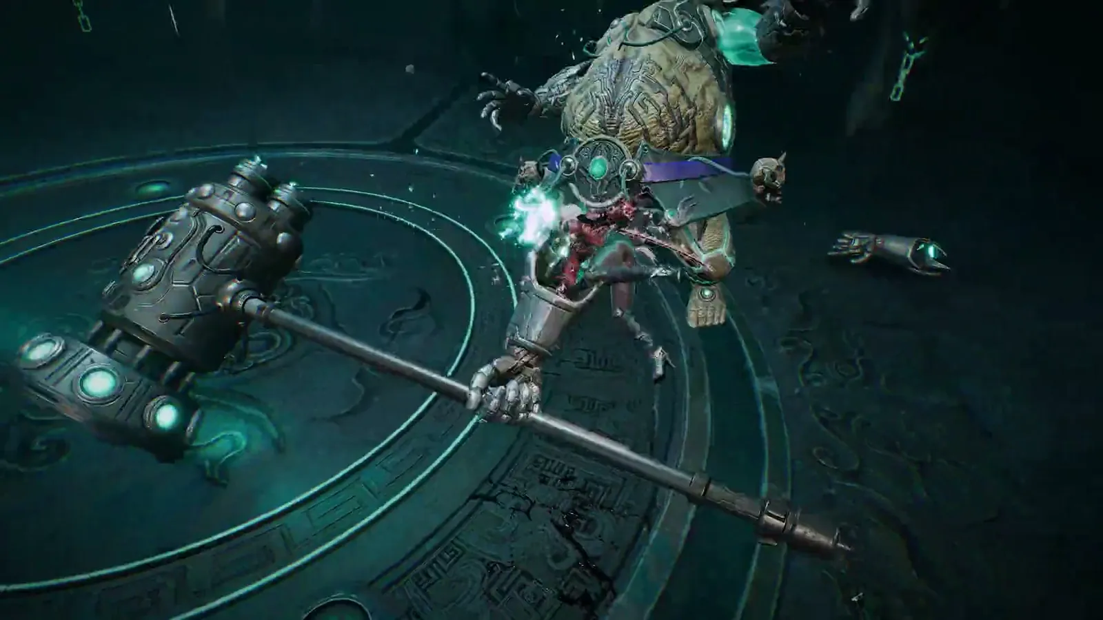 ReBlade The Death Spiral teal circular arena where a large armored figure swings a giant hammer near the protagonist.