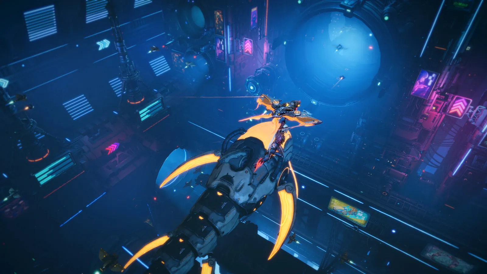 ReBlade The Death Spiral gold-clawed mech and glowing blue sphere in a vertical blue neon shaft viewed from above.