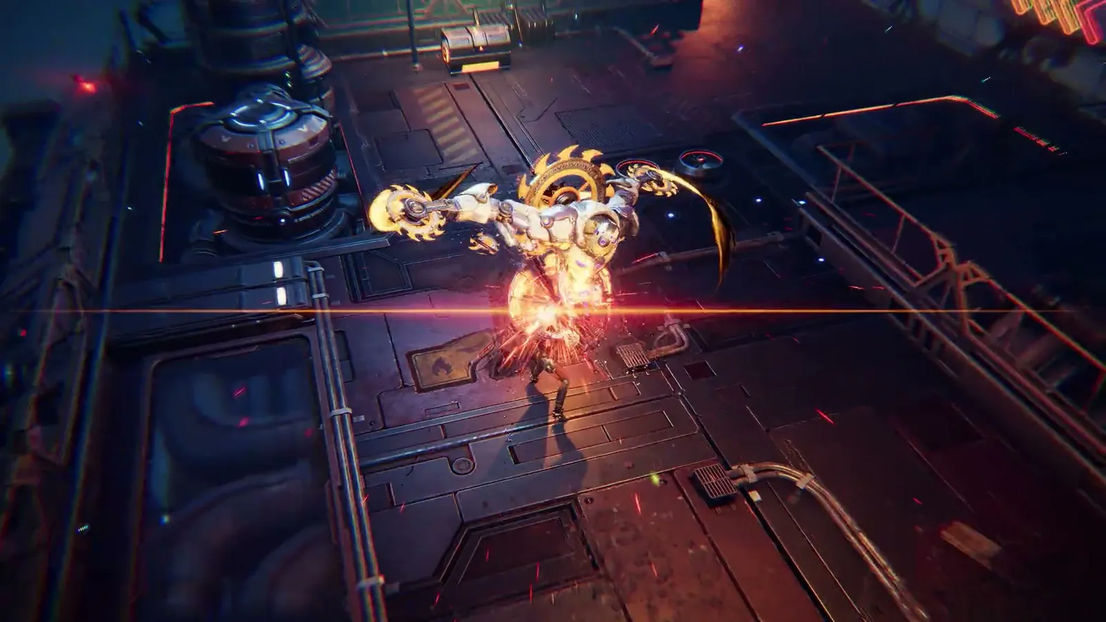 ReBlade The Death Spiral golden glow melee on a top-down arena floor with a red laser line cutting across the fight.
