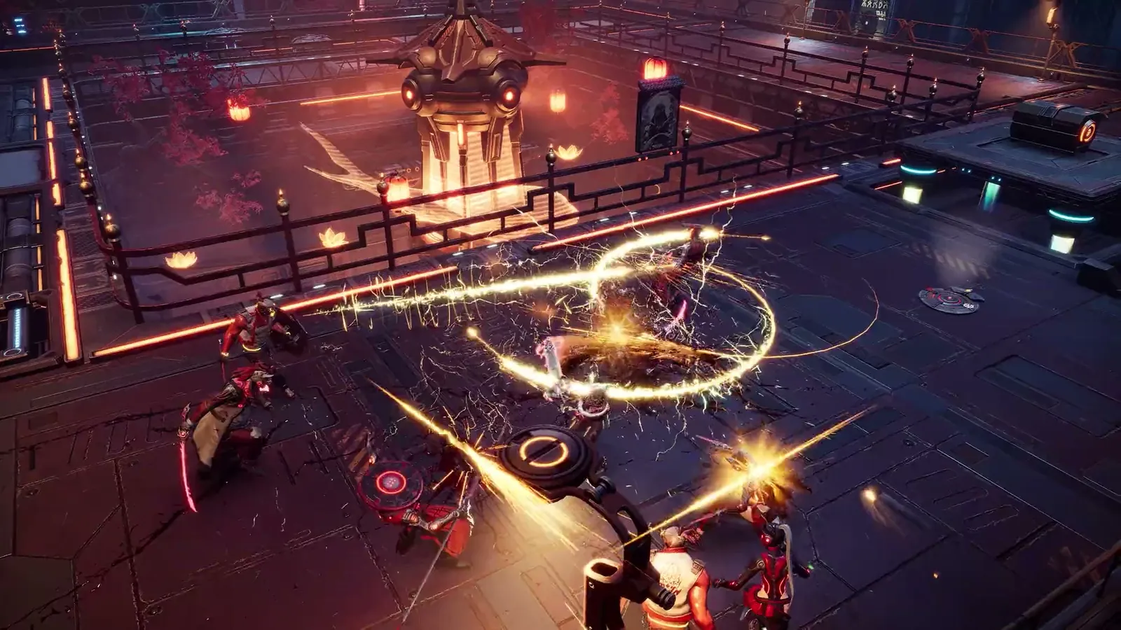ReBlade The Death Spiral golden spinning slash surrounded by enemies and sparks in a red-lit industrial room.