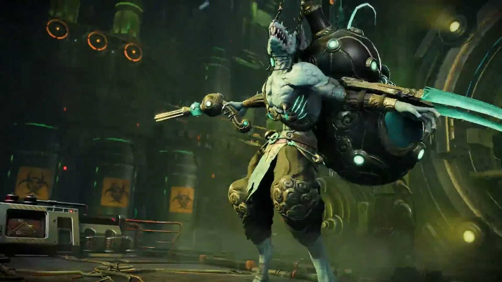 ReBlade The Death Spiral green-lit armored enemy with staff and spherical shield shell in an industrial hazard corridor.