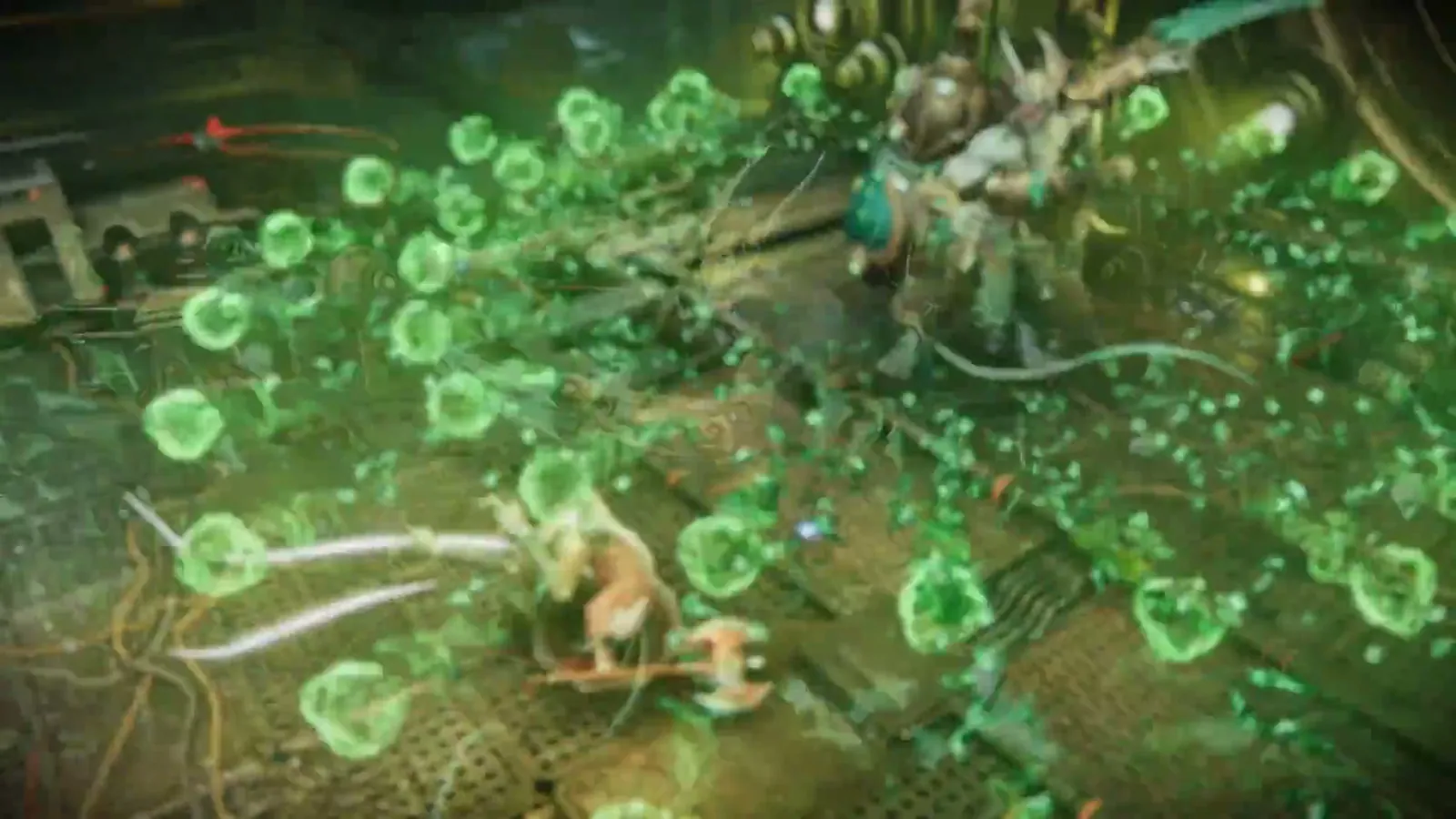 ReBlade The Death Spiral green toxic spore swarm filling the arena while the hero stands among glowing spores near an enemy.