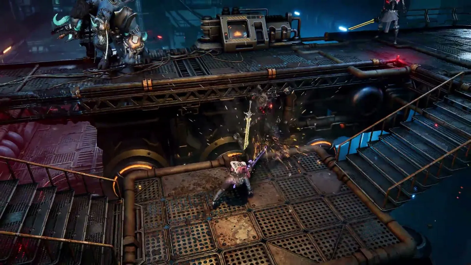 ReBlade The Death Spiral high-angle fight on metal platforms and stairs with sparks as the hero engages multiple enemies.