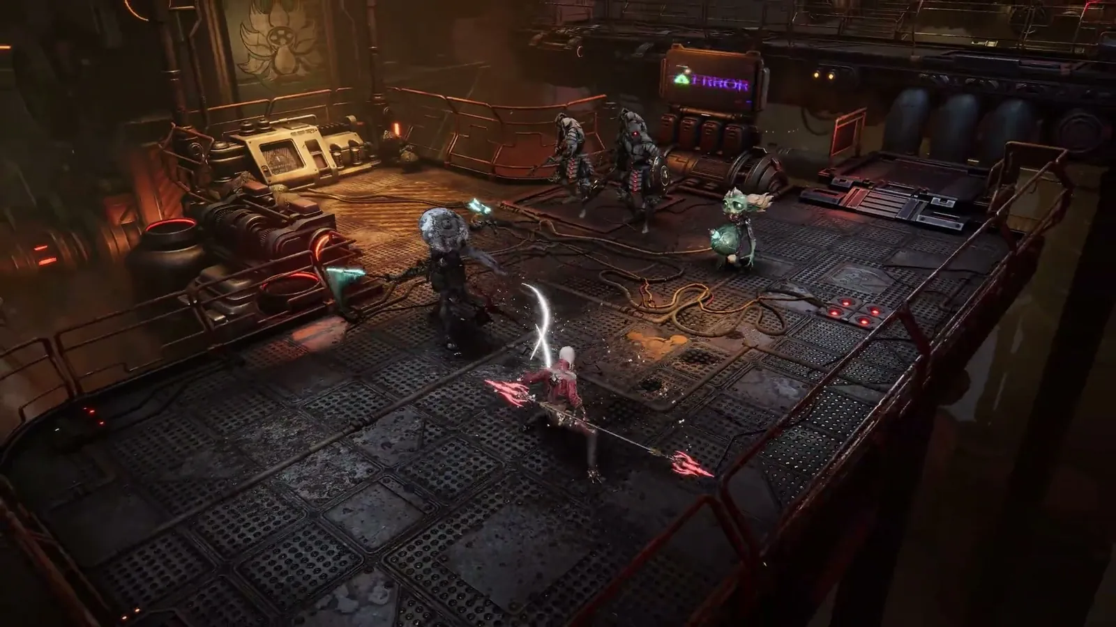 ReBlade The Death Spiral isometric sword swing on a metal walkway against several armored foes in a dim industrial map.