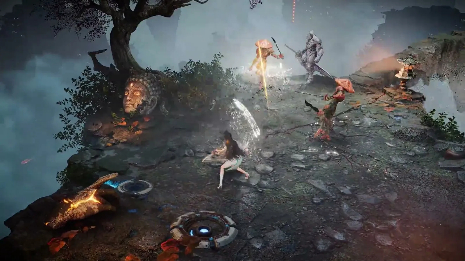 Misty cliffside clearing with a stone head statue beneath a gnarled tree, where a figure in light clothing fights several straw-hat enemies and a pale armored warrior in ReBlade: The Death Spiral.