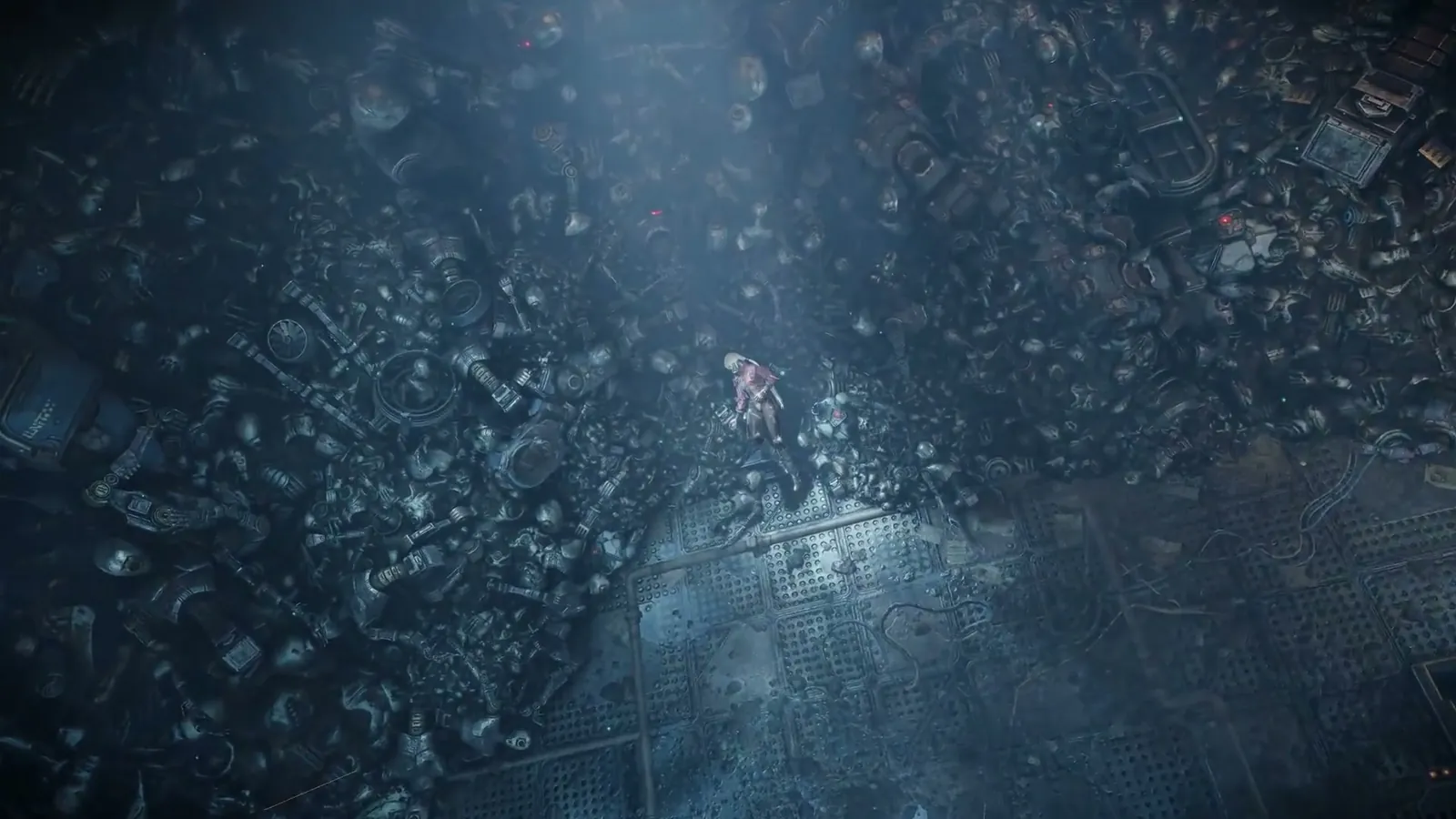 ReBlade The Death Spiral scrap heap aerial view with a tiny protagonist figure standing on piled wreckage in an industrial zone.