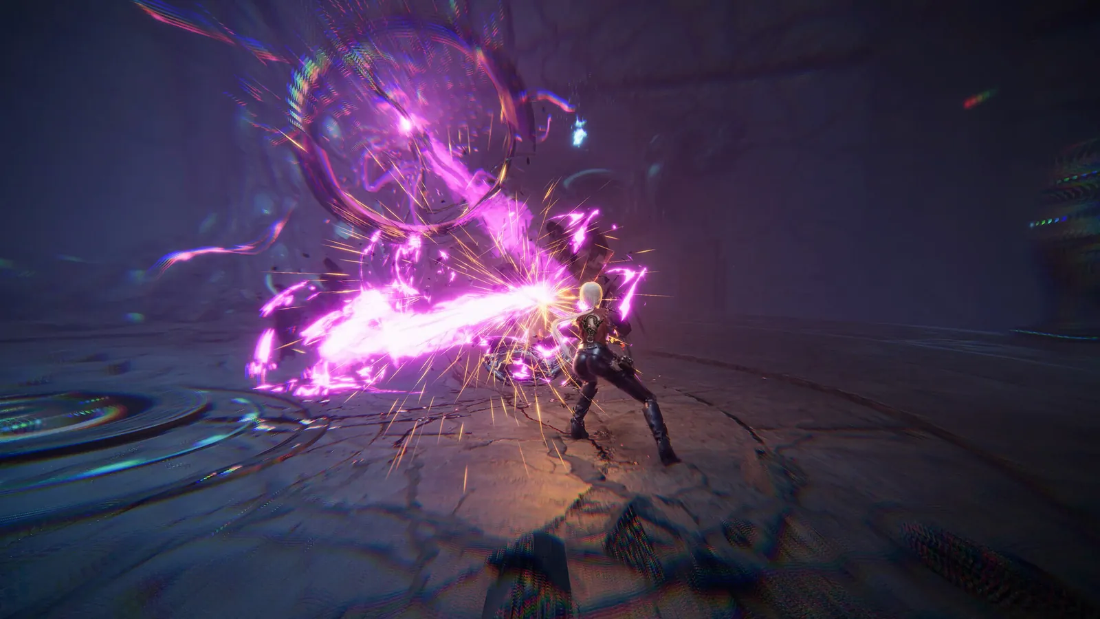 Magenta energy clashes with sparks around the protagonist in a dark circular ReBlade: The Death Spiral arena with a purple vortex behind the hit.