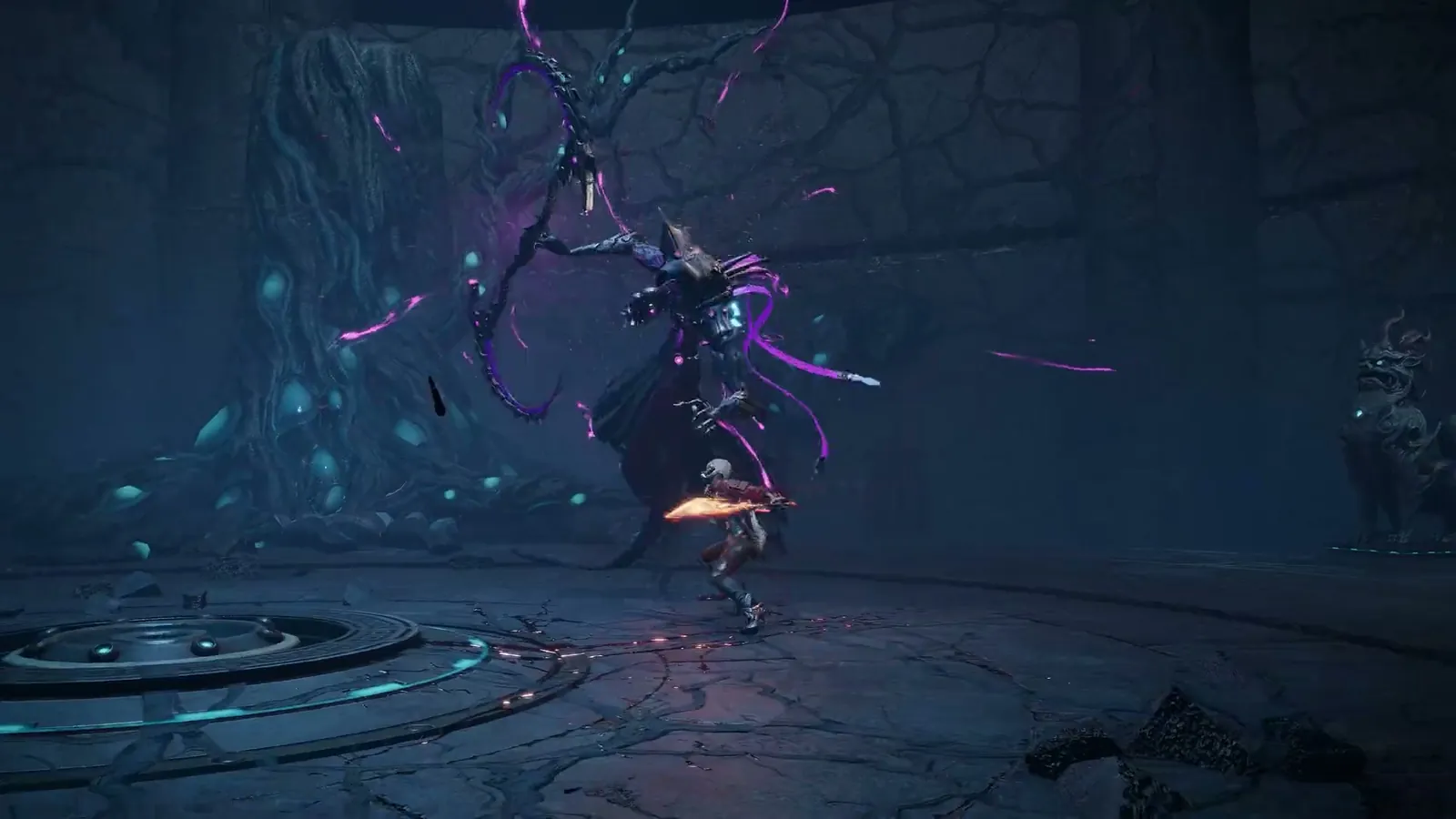 A slender figure with purple trails swings a weapon in a dark circular arena in an official ReBlade: The Death Spiral trailer frame.