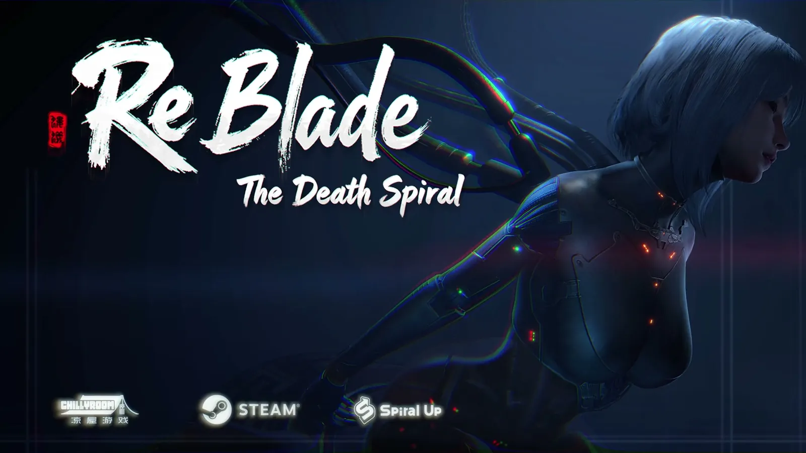 ReBlade The Death Spiral official WISHLIST NOW trailer card with Steam logos and the silver-haired protagonist on a dark background.